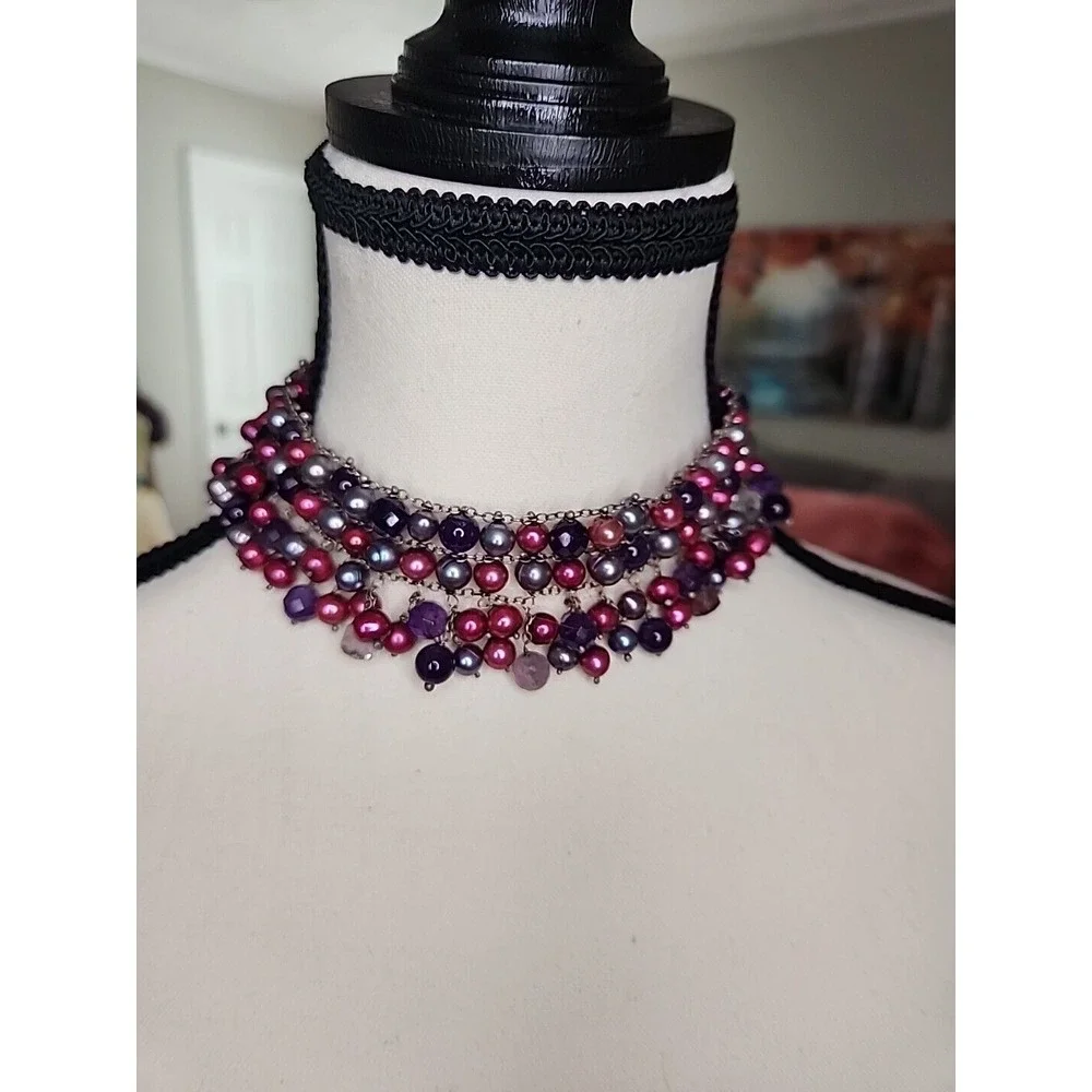 Purple Burgundy Faux Pearl Beaded Multi Strand Bib Choker Necklace Gunmetal Tone - Picture 2 of 5